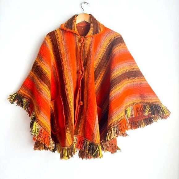 Unbranded Jackets & Blazers - Vintage Wool Bright Orange Brown Striped Poncho w Patch Pockets OS